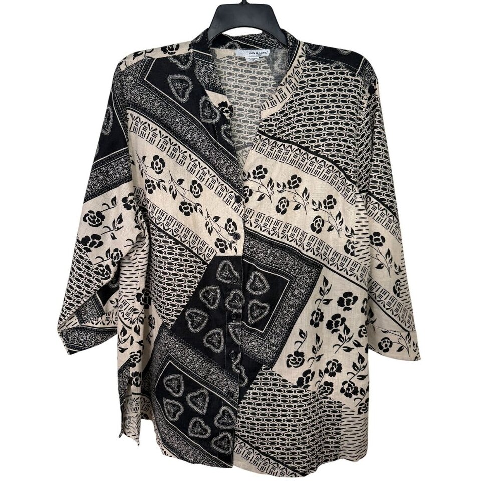 Lucy & Laurel Womens 3X Black & Beige 100% Linen Button-Down Blouse Country Y2K
